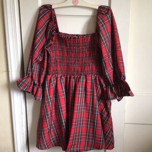 Francesca's Collections Red Plaid Smocked Dress with Multicolor Accents